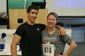 From left: Matt Hack, a University of Ontario Institute of Technology (UOIT) student and Nicole Mastnak, a learning skills advisor with Durham College, pose together after placing first in the male and female categories respectively at the Campus Charity Walk and Run. Money raised by the walk/run will support the Eastview Boys and Girls Club in Oshawa, Ontario.