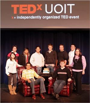 TEDxUOIT's inaugural organizing committee of 2011: (front row, from left): Samantha Chung, Dwight Thompson, Greg Rozdeba; (back row, from left): Enrico Sacchetti, Sainath Prajapati, Lawrence Huang, Dan Hernden, Jon Butler, Aries Youssefian, Sahar Radwan.