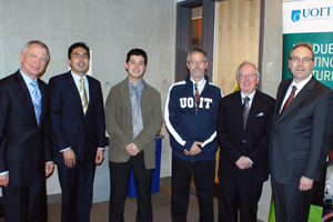 From left: Randy Steffan, director, Corporate Affairs and Communications; Purdue Pharma; Ricardo Vargas, director, Research and Development, Purdue Pharma; Dr. Jean-Paul Desaulniers, associate professor, Faculty of Science, UOIT; Dr. Brian Ward, McGill University (2011 Purdue Pharma Distinguished Lecturer); Dr. William Smith, dean, Faculty of Science, UOIT; Dr. Richard Marceau, provost and vice-president, Academic, UOIT. 