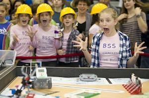 Competitors from The Bishop Strachan School (Toronto) cheering at the FIRST LEGO League (FLL) Ontario championships at UOIT (January 15).