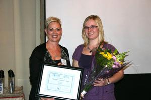Kayla Sweiger (right, fourth-year student in the collaborative Bachelor of Science in Nursing (BScN) program, proudly presents preceptor Tobin Brown (left) with an Award of Distinction at the fourth annual BScN Preceptor Recognition Ceremony at the Oshawa Golf and Curling Club. 