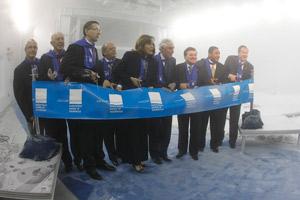 (left to right) John Henry, Oshawa Mayor; Joe Dickson, MPP; John Milloy, Ontario Minister of Training, Colleges and Universities; Roger Anderson, Chair and CEO, Durham Region; Sandra Pupatello, Ontario Minister of Economic Development and Trade; Dr. Ron Bordessa, UOIT President; Jim Flaherty, Federal Minister of Finance; Kevin Williams, President and Managing Director, GM Canada; and Dr. Colin Carrie, MP, brave bone-chilling conditions to officially open the Automotive Centre of Excellence at UOIT.