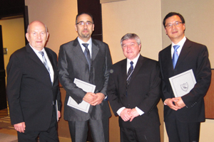 From left: Dr. Daniel Meneley, 2012 EIC Fellow, Ontario Tech University Faculty of Energy Systems and Nuclear Science; Dr. Hossam Kishawy, 2012 EIC Fellow, Ontario Tech University Faculty of Engineering and Applied Science; Mr. Tony Bennett, president, EIC; and Dr. Dan Zhang, 2012 EIC Fellow, Ontario Tech University Faculty of Engineering and Applied Science.