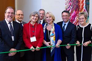 From left, Dr. Bill Muirhead, Associate Provost, Academic and Information Technology, UOIT; Dr. Jay Triano, Dean, Graduate Education and Research Programs, CMCC; Dr. Ellen Vogel, Dean, Faculty of Health Sciences, UOIT; Dr. Michael Owen, Vice-president, Research, Innovation and International, UOIT; the Honourable Deb Matthews, Minister of Health and Long-Term Care; Dr. Pierre Côté, Director of the UOIT-CMCC Centre for the Study of Disability Prevention and Rehabilitation; and Dr. Jean Moss, President, CMCC.