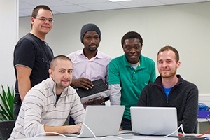 UOIT's Hackfest Team 1 (from left): Geoff Vaughan, Alex Keller, Akisanmi Oluwatoyosi, Titus Okathe and Garrett Hayes. 