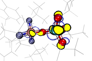 Image depicting a metal-to-metal charge transfer complex. The blue and yellow surfaces represent the wavefunction of the lowest unoccupied molecular orbital. States like this are activated with light and can be tuned to match to the solar spectrum. This efficient charge-splitting light absorber is ideal for driving molecular catalysts in applications such as artificial photosynthesis and carbon remediation.
