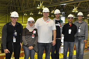 Touring the Bruce A turbine hall (from left): Alex Chong, UOIT graduate and Senior Technical Engineer/Officer, Reactor Design Engineering, Bruce Power; fourth-year UOIT Nuclear Engineering students Heba Al-Sadi, Michael Carroll, Joel Cockerham, Ali Akhtar; and Andrew Gammie (UOIT development student currently in the Fuel Handling Engineering section at Bruce A).  