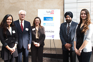 From left: Gleen Martin, UOIT Nuclear Engineering student (class of 2015); Dr. George Bereznai, Dean, Faculty of Energy Systems and Nuclear Science; Susan McGovern, Vice-President, External Relations, UOIT; Dr. Tarlochan Sidhu, Dean, Faculty of Engineering and Applied Science; and Kathryn MacDonald, UOIT Automotive Engineering student (class of 2013).  