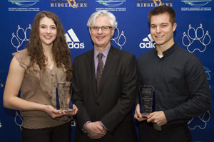 From left: Danielle Loney, 2012-2013 Scholastic Award winner; Dr. Tim McTiernan, UOIT President; and Jordon Woollacott, 2012-2013 Scholastic Award winner.