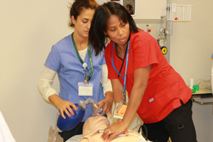 Student being trained in cardiac resuscitation in the simulation lab at Lakeridge Health Oshawa.  