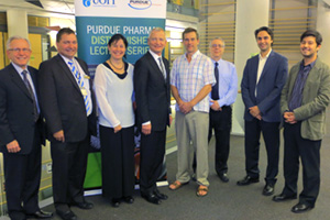 From left: Kenneth Michalko, Executive Vice-President, Scientific Affairs, Purdue Pharma Canada; Dr. Douglas Holdway, Dean, UOIT Faculty of Science; Dr. Deborah Saucier, UOIT Provost and Vice-President, Academic; Randy Steffan, Vice-President, Corporate Affairs, Purdue Pharma Canada; Dr. Aled Edwards, Professor, Faculty of Medicine, University of Toronto; John Eisenhoffer, Director, Pharmacovigilance and Medical Liaison, Purdue Pharma Canada; Dr. Yuri Bolshan, Assistant Professor, UOIT Faculty of Science; and Dr. Jean-Paul Desaulniers, Associate Professor, UOIT Faculty of Science. Right: Dr. Aled Edwards.