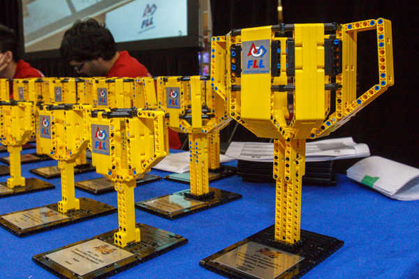 FLL trophies made with LEGO bricks.