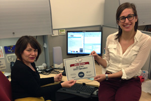 From right: Victoria Woods, Library Technician and Stephanie Orfano, Social Science Librarian display the Small but Mighty award UOIT's Ask a Librarian service received at the recent Ontario Library Conference.