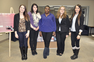 From left: Bachelor of Arts students Meghan Rourke, Kristen Sullivan, Carolyn Carter, Samantha Reid and Jamie Gesualdo participated in the 2014 FSSH Undergrad Thesis Showcase.
