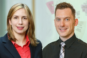 From left: Dr. Julie Thorpe, Assistant Professor, Faculty of Business and Information Technology, and Dr. Christopher Collins, Assistant Professor, Faculty of Science (FSci) and Canada Research Chair in Linguistic Information Visualization at UOIT.