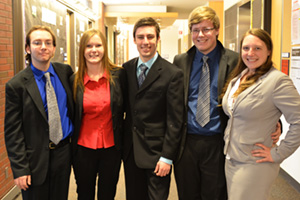 From left: Jacob Sharp, Alyssa Fry, Connor Jelly, Richard Morton and Shannon Sawitz, members of UOIT's Team Aries, which placed first in the Accounting segment of the LIVE Competition 2013, and fourth overall.