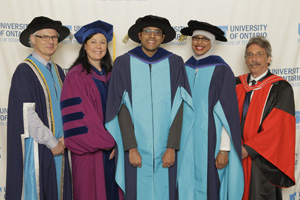 From left: Tim McTiernan, PhD, UOIT President and Vice-Chancellor; Dr. Deborah Saucier, UOIT's Provost and Vice-President, Academic; Dr. Fawaz Ali; Dr. Nafisah Khan; and Dr. Brent Lewis, Dean, FESNS.