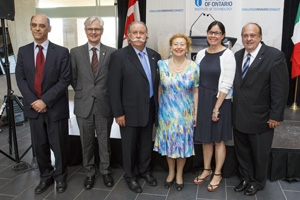 From left: Franco Gaspari, Associate Professor in UOIT's Faculty of Science; UOIT President and Vice-Chancellor Tim McTiernan, PhD; Tito Marimpietri, Sr.; Princess Elettra Marconi Giovanelli of Italy; Dr. Deborah Saucier, Provost and Vice-President, Academic, UOIT; and Michael Tibollo, Chair, Canadian Italian Heritage Foundation.