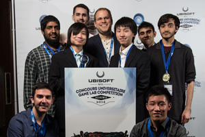 UOIT's Clan Combat took home the Best Programming award at this year's Ubisoft Academia Game Lab competition. From left: (Back) Ajanthan Kanagabalan;  Rob Shewaga; Dr. Lennart Nacke, Director, HCI Games Group, FBIT, UOIT;  Naeem Moosajee; and Mirza Beig. (Middle) Kevin Gan and David Yue. (Front) Cesare Cesario and Alston Jun Tan. 