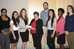 Dr. Pamela Ritchie (fourth from left), Dean, FBIT, with Collaborative Leadership students who participated in the Bracelet of Hope fundraising challenge (from left): Priyana Govindarajah; Catalina Montana; Shirah Dupuis; Bryan Barclay; Alisha Qaiser; Oluwagbemisola Olajide; and Lydia Canfield.