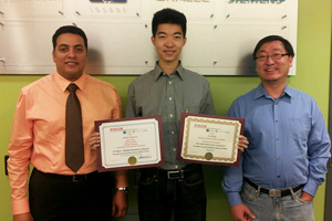 From left: Dr. Atef Mohany, Assistant Professor, FEAS; Mechanical Engineering student Xu (Mike) Zhang; and Dr. Yuelei Yang, Senior Lecturer, FEAS, with the PAMD awards.