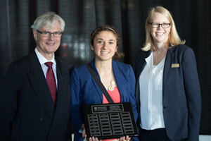 From left: Tim McTiernan, UOIT President; Sabrina Bedjera, recipient of the undergraduate President’s Award of Excellence in Student Leadership; and Olivia Petrie, Assistant Vice-President, Student Life.