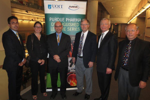 From left: Ricardo Vargas, Director, Pharmaceutics and Analytics, Purdue Pharma Canada (PPC); Dr. Deborah Saucier, Provost and VP Academic, UOIT; Dr. Aaron Schimmer, Princess Margaret Cancer Centre and 2014 Purdue Pharma Canada Distinguished Lecturer; Dr. Greg Crawford, Dean, Faculty of Science, UOIT; Randy Steffan, VP, Government Affairs, PPC; Zoltan Harsanyi, Director, Biostatics and Data Management, PPC. Right: Dr. Aaron Schimmer. Below right (from left): Dr. Deborah Saucier; Randy Steffan; Kayla Fisher, UOIT graduate student and 2014 Purdue Pharma Canada Award recipient; Dr. Yuri Bolshan, Assistant Professor, Faculty of Science, UOIT; Dr. Greg Crawford.