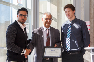 From left: Zayd Azmathallah, fourth-year Electrical Engineering student and chair of the UOIT IEEE Student Branch; Dr. Vijay Sood, Associate Professor, FEAS; and Rudy Lang, second-year Electrical Engineering student and McNaughton Learning Resource Centre Co-Chair, at the opening of the McNaughton Learning Resource Centre at UOIT.