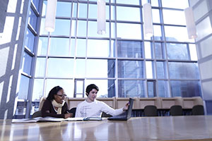 Students at desk in library with laptop - thumbnail image