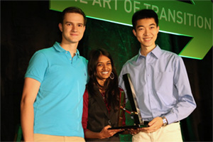 Tiko 3D accepts Spark Centre Ignite Durham Award (fall 2014). From left: Matt Gajkowski, Chief Executive Officer; Sharon Charitar, Business Analyst; Michael Zhang, Supply Chain Manager.