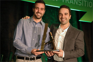 UOIT alumni Brandon Wetzel (left) and Dan Miguel of National ProStaff celebrate Ignite Competition 2014 Young Entrepreneur Award presented by Spark Innovation Centre (absent: Chris Lazarte). All award images courtesy: Jason Chow Photography.