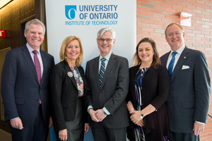 From left: Jayson Myers, CME President and CEO; Christine Elliott, Whitby-Oshawa MPP; UOIT President Tim McTiernan, PhD; Susan McGovern, UOIT Vice-President, External Relations and Advancement; Dr. Colin Carrie, Oshawa MP. 