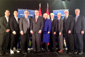 From left: Jason Greenspan, Co-Founder, Whoosh!; Adrian Bulzacki, CEO, ARB Labs; Roman Szumski, Vice-President, National Research Council of Canada; The Hon. Joe Oliver, Federal Minister of Finance; Pat Perkins, Whitby-Oshawa MP; Andrew Potter, President, Simon Fraser University; Tim McTiernan, President, University of Ontario Institute of Technology; Sheldon Levy, President, Ryerson, University; Peter Carrescia, Managing Director, The Next 36 (photo courtesy: National Research Council of Canada).