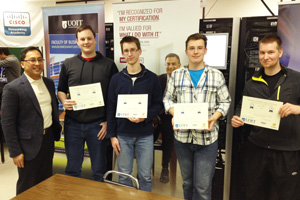 From left: Raul Mangalindan, President, ISACA, with fourth-year Networking and IT Security students Chris Bellman, Ian Dunbar, Burton Naylor and Eric Brown at the Capture the Flag event hosted by FBIT in February.