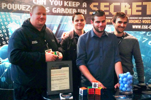 Team UOIT at Hackfest in Quebec City. From left: Michael Bourque and Alex Keller (fourth-year Networking and IT Security students) with Brent MacRae and Chris Bonk (master's degree students in Computer Science).   