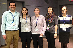 From left: Michael Craigen, Melissa Ganhao, Ann-Marie Minor, Brittney Forester and Sarah Beer, Primary/Junior teacher candidates in UOIT's Faculty of Education, hosted a diversity workshop for students in grades 1 to 3 who attended the Durham District School Board's 2014 Bullying Awareness and Prevention Conference.
