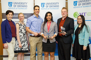 UOIT's six 3MT finalists for 2015. From left: Rachel Goldgrub, Julianne Baarbé, Abdalla Abdel-Rahman, Noosheen Walji, Michael Williams-Bell and Elizabeth Suen.