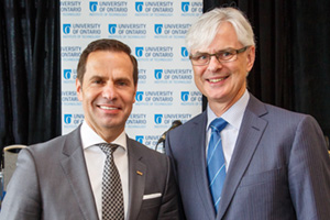 Robert Hardt, President and CEO, Siemens Canada (left) with UOIT President Tim McTiernan at the Forum on the Future of Advanced Manufacturing (April 16, 2015).