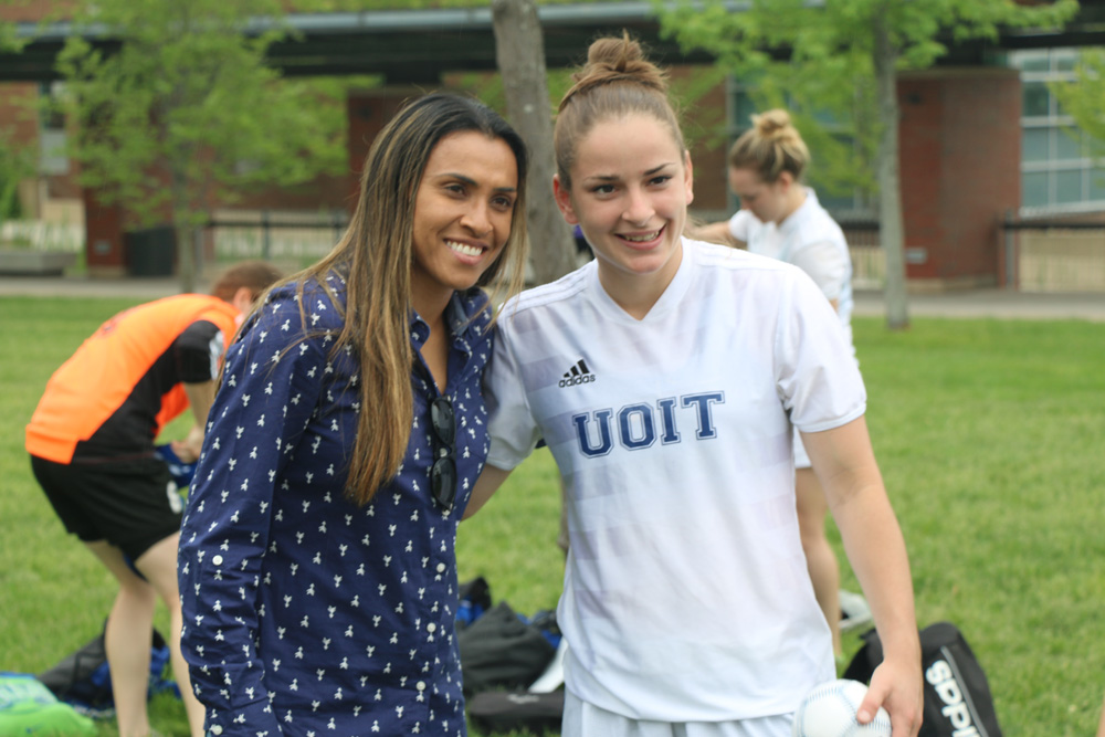 Marta meets with UOIT Ridgebacks women's soccer team at Polonsky Commons