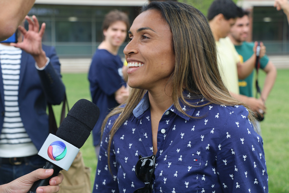 Marta being interviewed by Brazilian sports media during her UOIT visit