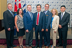 From left: Michael Williams-Bell, UOIT PhD candidate; Dr. Bernadette Murphy, Professor, Head of Kinesiology, UOIT Faculty of Health Sciences; Evan Jones, Founder and Creative Director, Stitch Media; Michael Chan, Ontario Minister of Citizenship, Immigration and International Trade; Mark Bishop, Co-Chief Executive Officer and Executive Producer, marblemedia; Lucie Lalumière, Chief Operating Officer, supersonic MINDS;   Gabriel Lim, Chief Executive Officer, Media Development Authority, Singapore. 