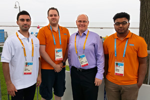 From left: Nick Margie, Associate Systems Engineer, Cisco Canada; Josh Lowe, Senior Lecturer and Student Affairs Co-ordinator, FBIT, UOIT; Jeff Seifert, Chief Technology Officer, Cisco Canada; and UOIT Networking and IT Security student Sathursan Kantharajah.