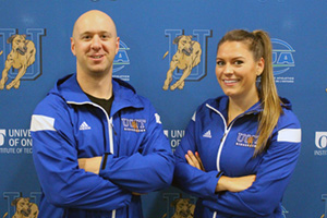 From left: Justin Caruana, Head Coach, UOIT Ridgebacks women's hockey team and Natalie Spooner, member of the gold medal-winning Canadian team at the Sochi Winter Olympics. Spooner is taking on a player-mentor role with the Ridgebacks.