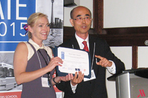 Dr. Laura Pinto, Assistant Professor, UOIT Faculty of Education (left) accepts Best Paper Award at the 8th Annual Conference of the Academy of Innovation and Entrepreneurship, in Toronto, Ontario (absent: paper co-author Levon Blue of Griffith University in Australia). 