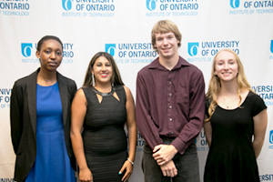 From left: 2015 entrance scholarship winners Happy Inibhunu, Aylina Dhanji, Tyler Beadle and Kelsey Moore.