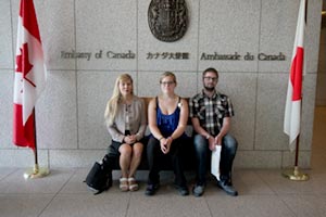 From left: Dr. Isabel Pedersen, Canada Research Chair in Digital Life, Media and Culture; Samantha Reid, Research Manager, Decimal Lab; and Nathan Gale, Master of Science (Computer Science) candidate, UOIT, in front of the Canadian Embassy in Tokyo, Japan.