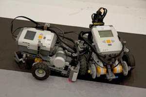 Lego Mindstorm robots battle at a previous Ontario Tech University Engineering Robotics Competition.