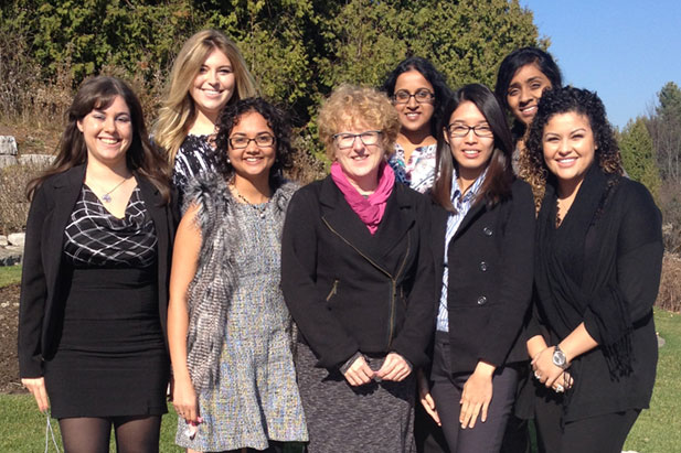 Front row (from left): Cristina Mazzo, President, UOIT Engineering Society President (Energy Systems and Management Engineering, class of 2016); Miral Chauhan, Reactor Safety Program Support, Ontario Power Generation (Nuclear Engineering, class of 2014); Anne Coulby, Co-op and Internship Co-ordinator, UOIT Career Centre; Tiffany Lo, Intern, Canadian Nuclear Safety Commission (CNSC) (Health Radiation and Physics, class of 2017); Chantal Yacoub, CNSC Intern (Nuclear Engineering, class of 2017). Back row: Andrea Bellingham, CNSC Intern (Nuclear Engineering, class of 2017; Suba Thambirasa, Examination and Certification Officer, CNSC (Nuclear Engineering class of 2014); Thiviga Ravindram, CNSC Intern (Nuclear Engineering, class of 2017).