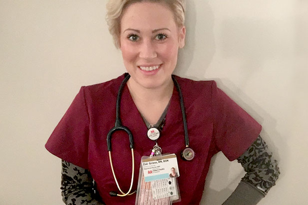 2015 graduate Zoe Griese (UOIT-DC Bachelor of Science in Nursing collaborative program) prepares for a shift in the Pediatric Cardiology unit at Monroe Carell Jr. Children's Hospital at Vanderbilt University in Nashville, Tennessee. 