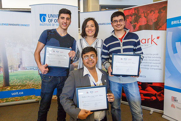 2016 Bootcamp Awards first-place team (Integrity Browser). From left: Benson Naman, second-year Human Health Science; Ahmad Touseef, third-year Electrical Engineering; Andrea Kennedy, Spark Centre Advisor; Desai Sagar, third-year Software Engineering.